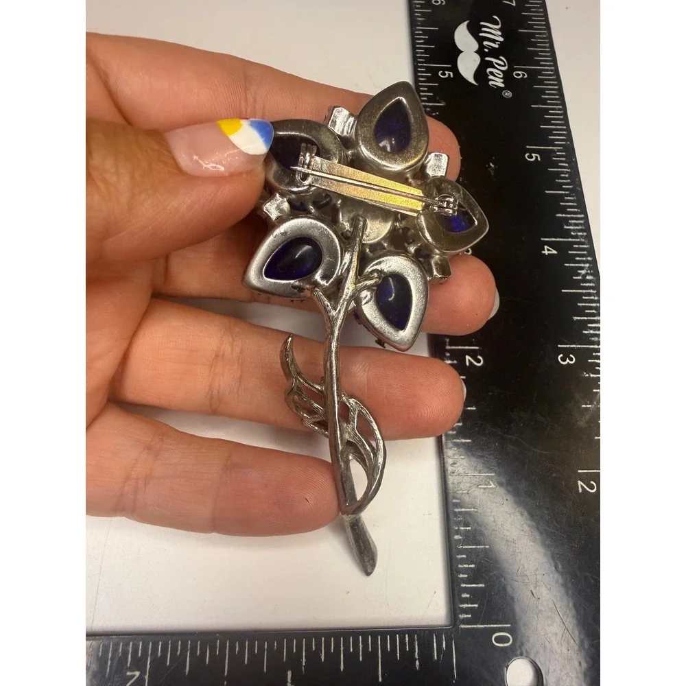 Blue Glass Flower Brooch Silver Tone AB Rhinestone Floral Pin 4.5 Inch